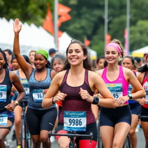 Women athletes participating in a community triathlon event.