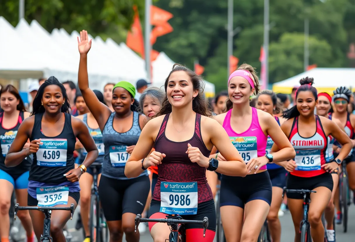 Women athletes participating in a community triathlon event.