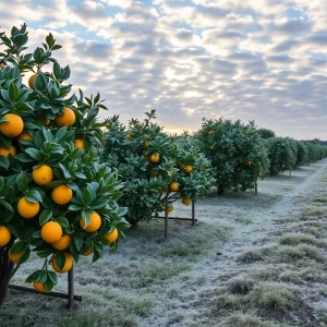 Frosty citrus groves in Florida during winter