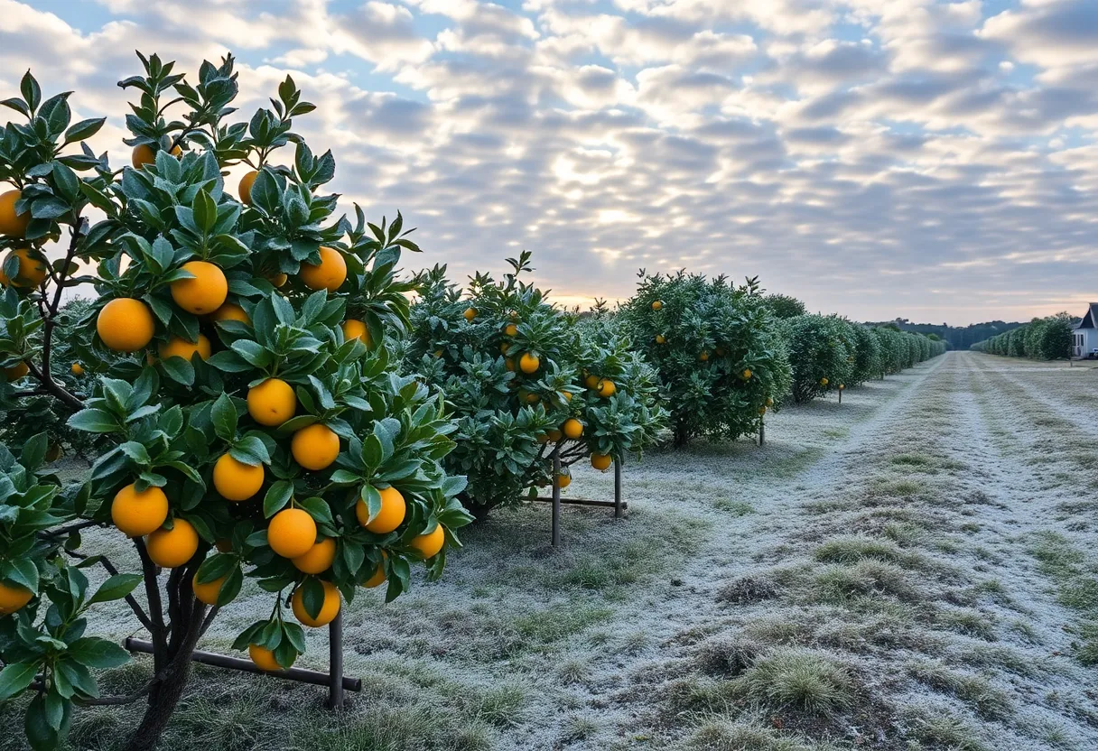 Frosty citrus groves in Florida during winter