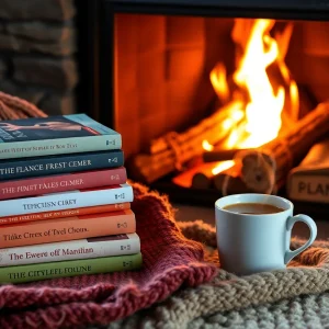 A warm and inviting winter reading setup featuring golf books