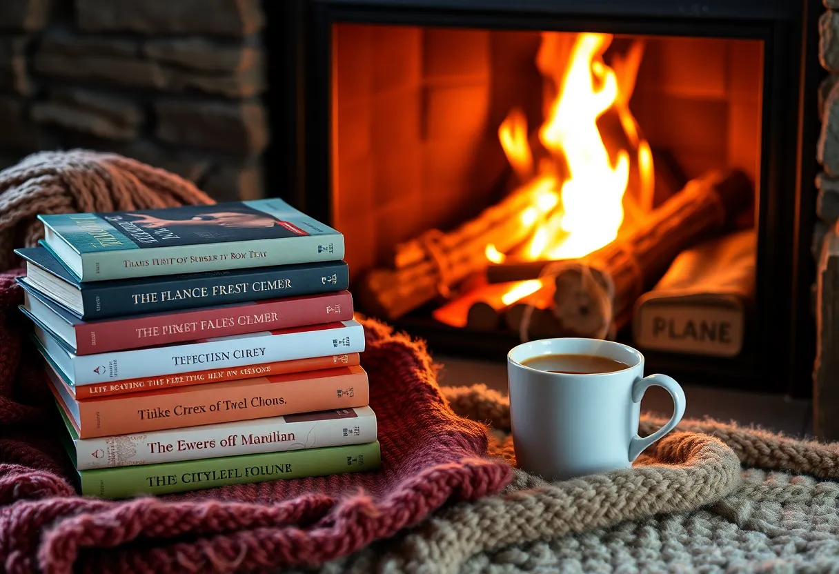 A warm and inviting winter reading setup featuring golf books