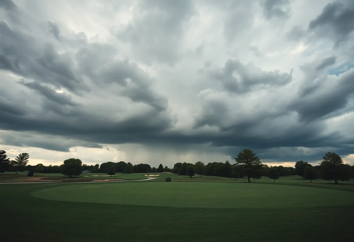 A peaceful golf course with an ominous cloud above, representing a tragic event