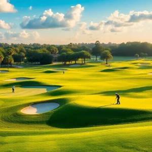 A scenic view of a golf course with players on the green.