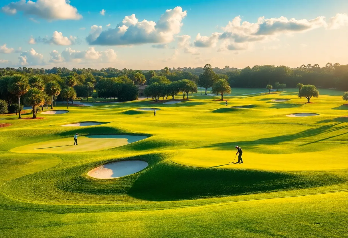 A scenic view of a golf course with players on the green.