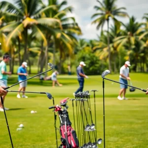 Players testing new golf equipment at a scenic Hawaiian course