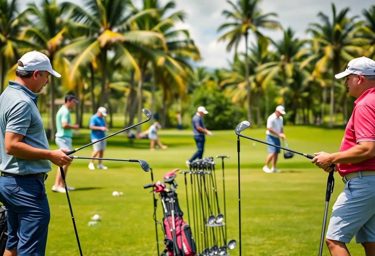 Players testing new golf equipment at a scenic Hawaiian course