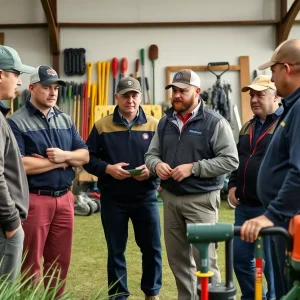 Golf equipment managers collaborating in a workshop