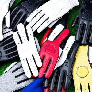 Selection of various golf gloves laid out on a green golf course