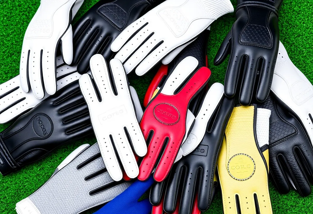 Selection of various golf gloves laid out on a green golf course