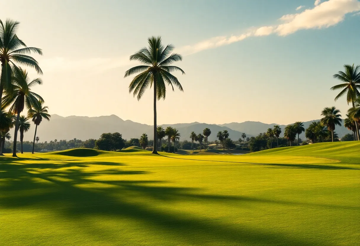 Golf players in action at a sunlit golf tournament