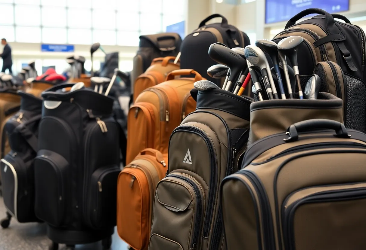 Collection of golf travel bags showcasing different styles and features.