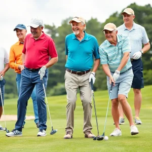 Golfers playing on a beautiful course under blue skies.