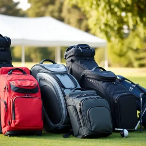 Variety of golf travel bags in an outdoor setting