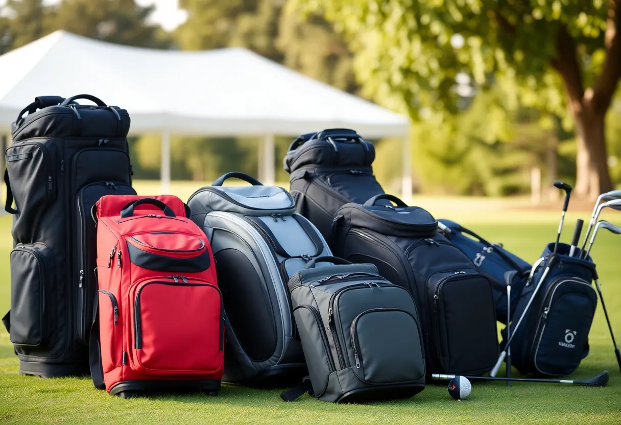 Variety of golf travel bags in an outdoor setting