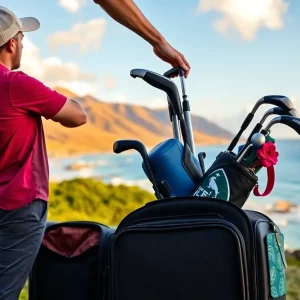 Golf bags ready for travel with Hawaiian Airlines