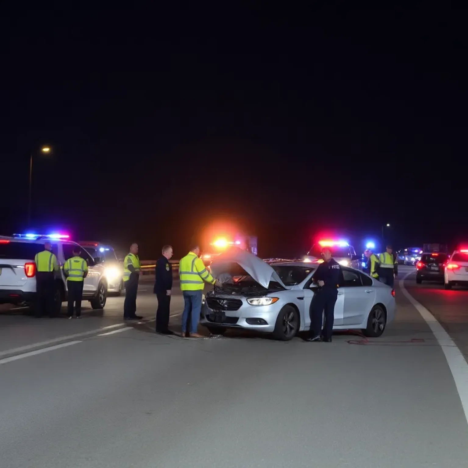 Scene of a head-on traffic collision at night with emergency responders.