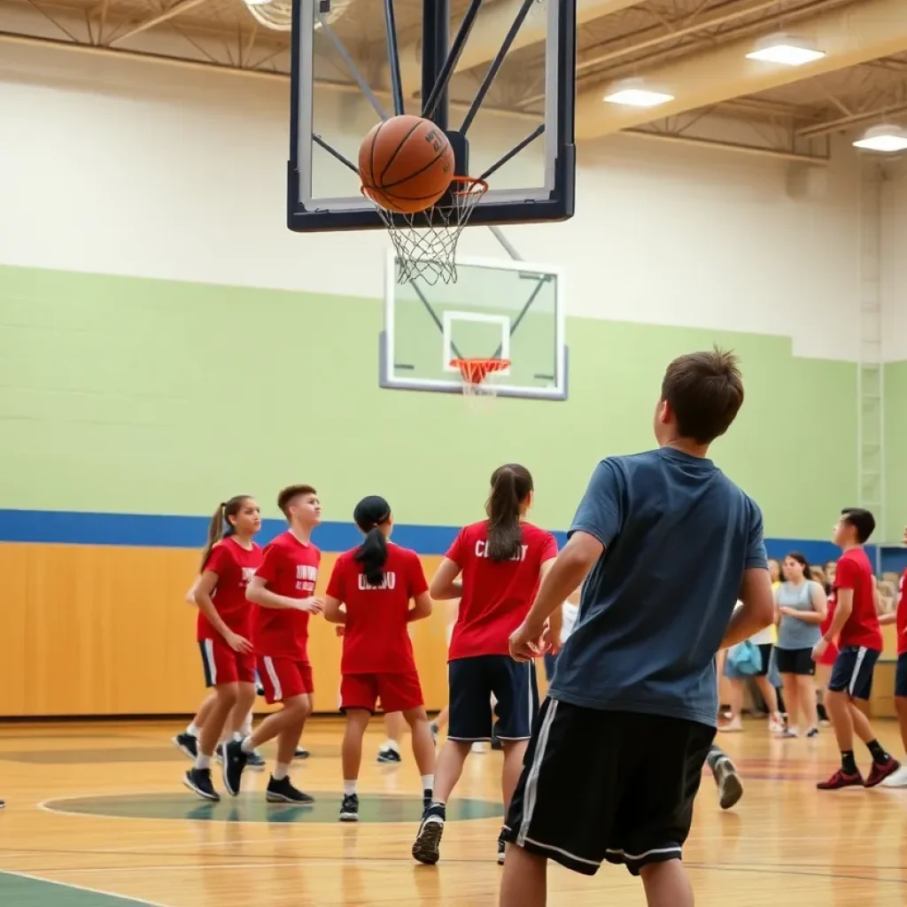 High school basketball players competing on the court