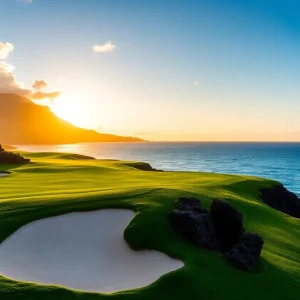 Hualalai Golf Course at sunset, showcasing emerald fairways and ocean.