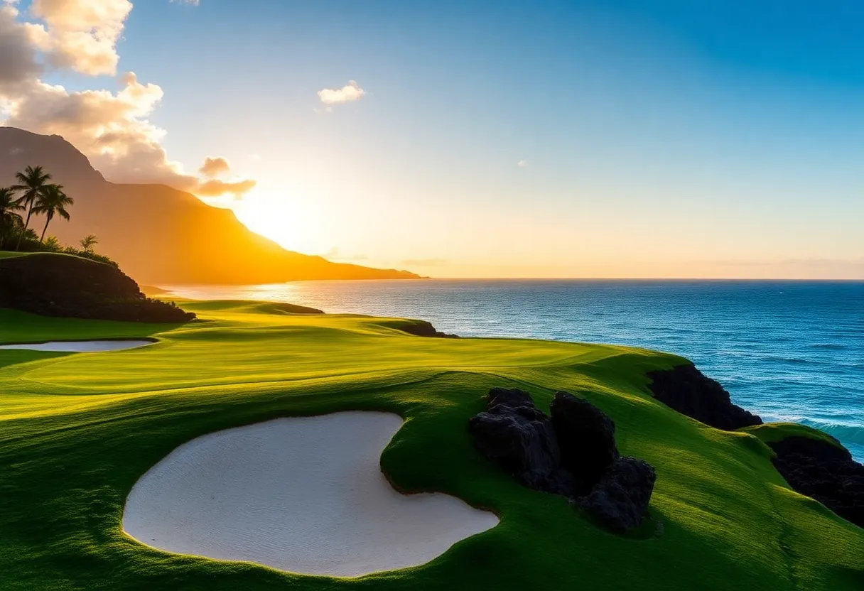 Hualalai Golf Course at sunset, showcasing emerald fairways and ocean.