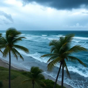 Florida coastline impacted by Hurricane Debby with turbulent skies and waves