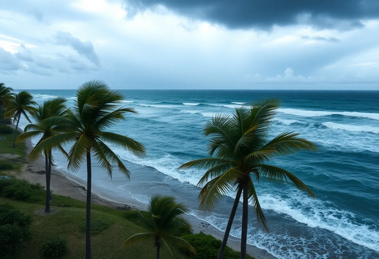 Florida coastline impacted by Hurricane Debby with turbulent skies and waves