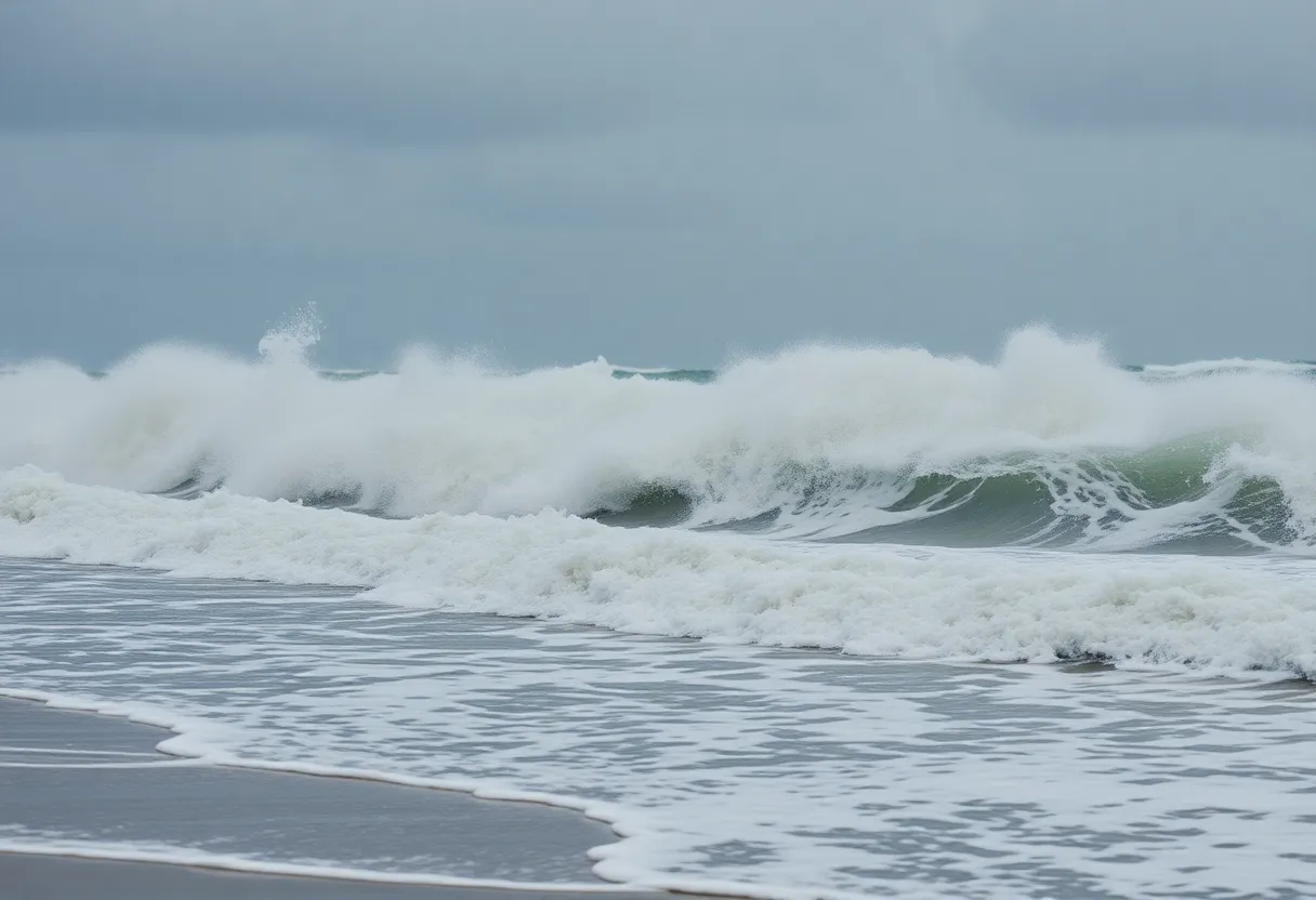 Coastal scene during Hurricane Milton with strong winds and rain