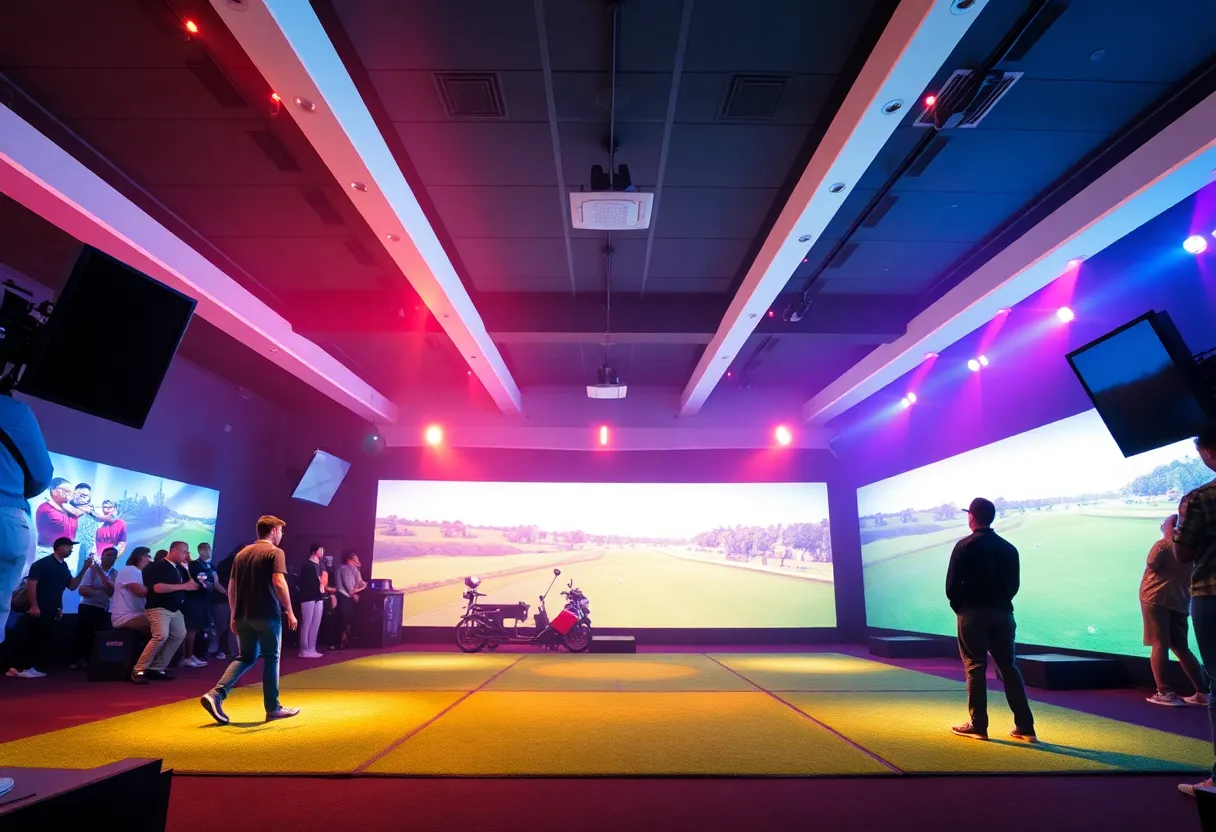 A high-tech golf arena featuring a massive simulator and modern design.