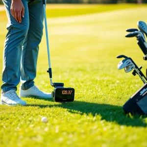 Golfers using technology on the course with shot tracking devices and smartphones