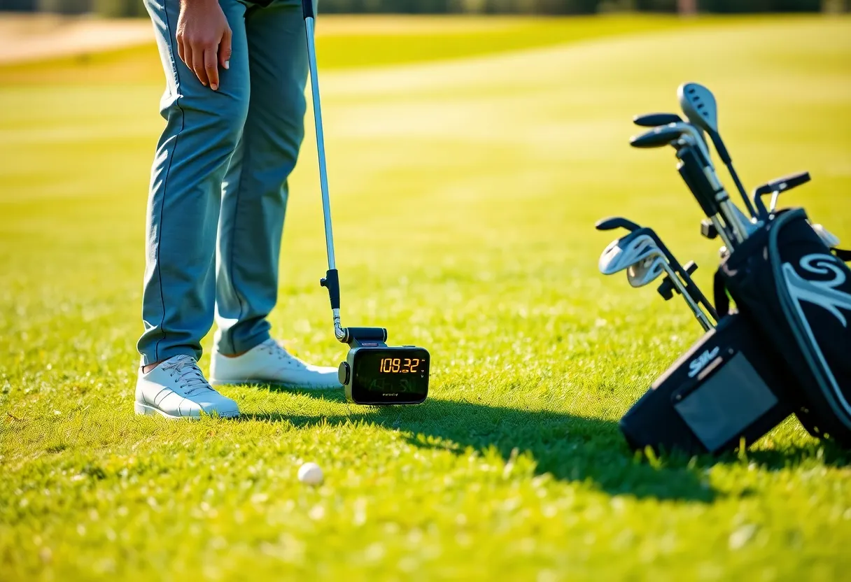 Golfers using technology on the course with shot tracking devices and smartphones