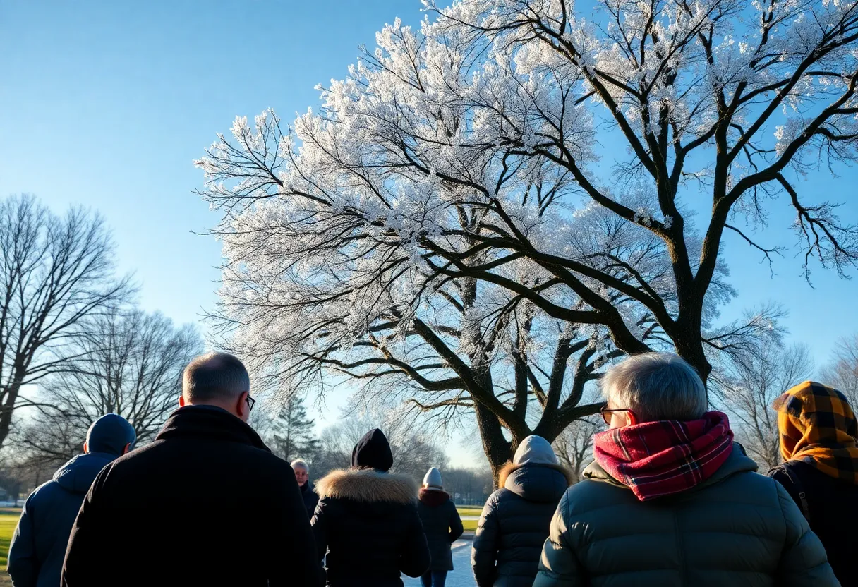 Frost on trees in Jacksonville during a cold January morning