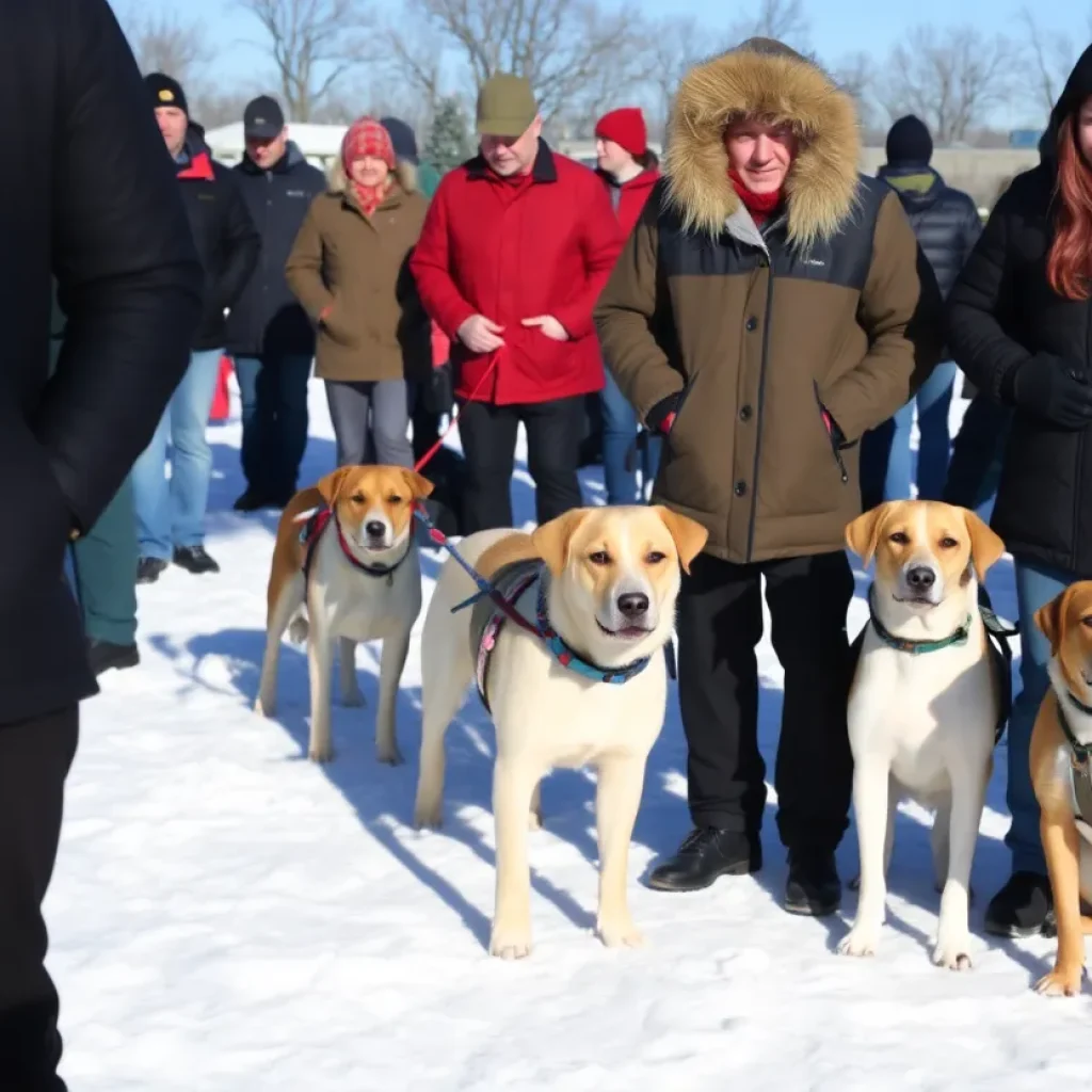 A chilly Jacksonville scene with bundled up people and dogs at a fundraiser event.