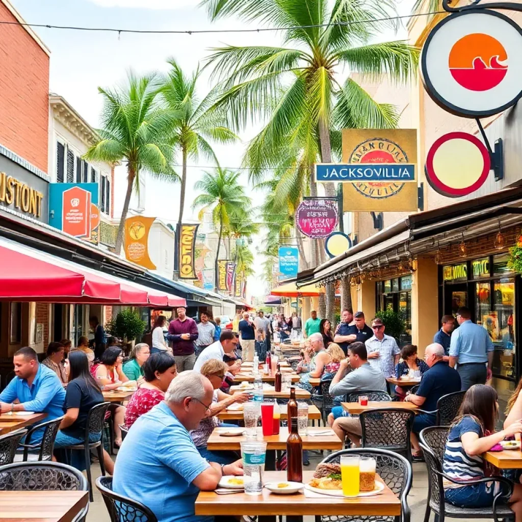 Outdoor dining scene in Jacksonville with restaurants and people enjoying food.