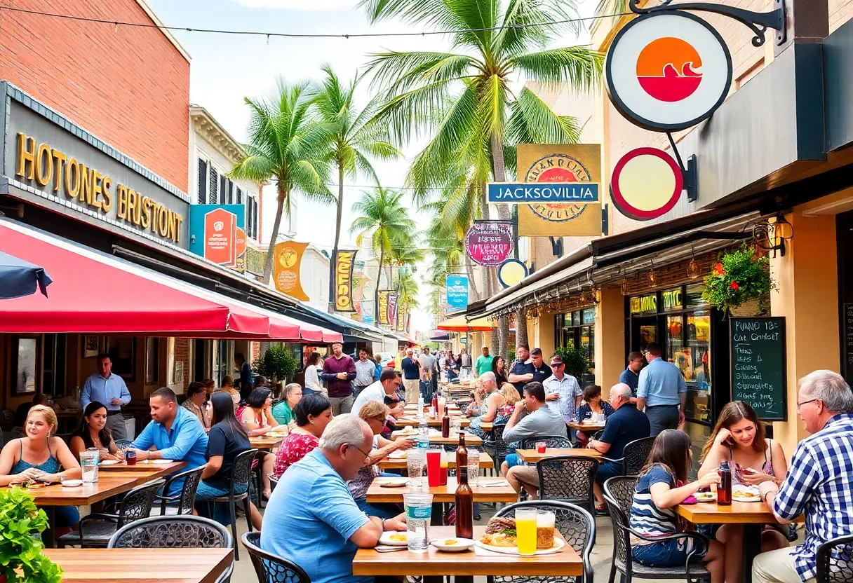 Outdoor dining scene in Jacksonville with restaurants and people enjoying food.