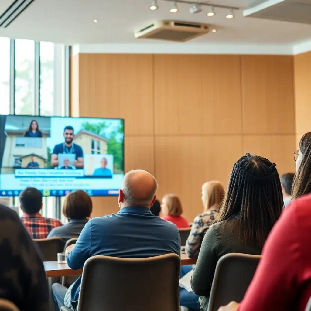 Image of a public meeting regarding housing authority leadership with a screen showing a remote participant.