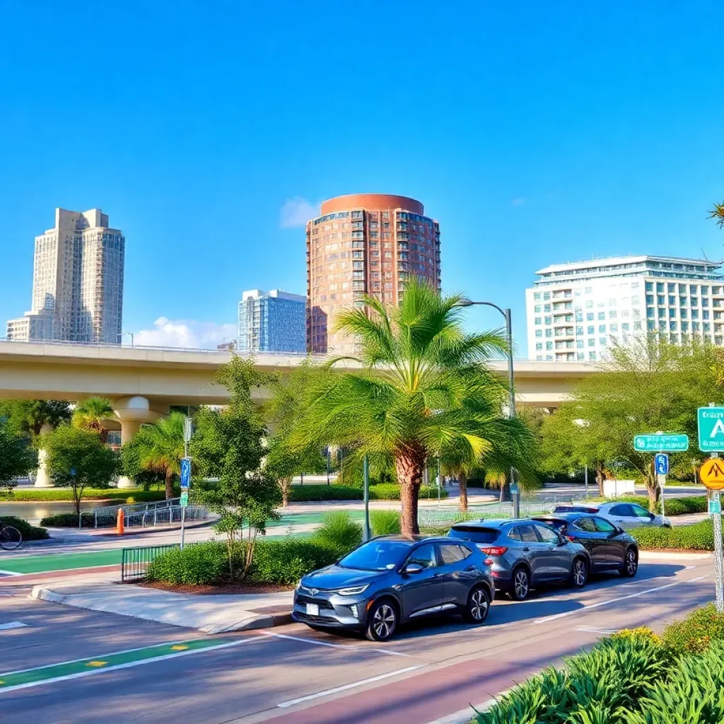 Aerial view of Jacksonville's infrastructure improvements with a focus on new bridges and urban green spaces.