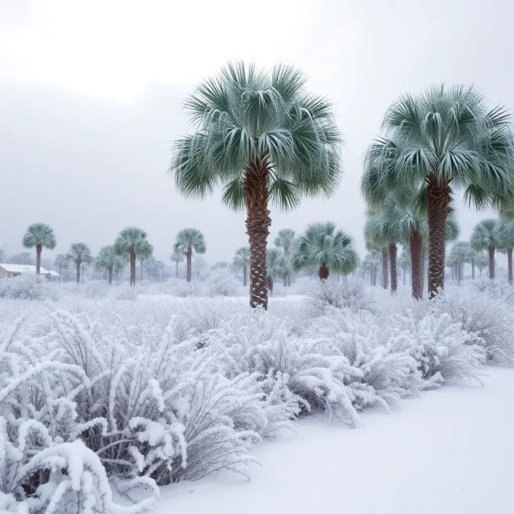 Jacksonville landscape covered in snow with palm trees