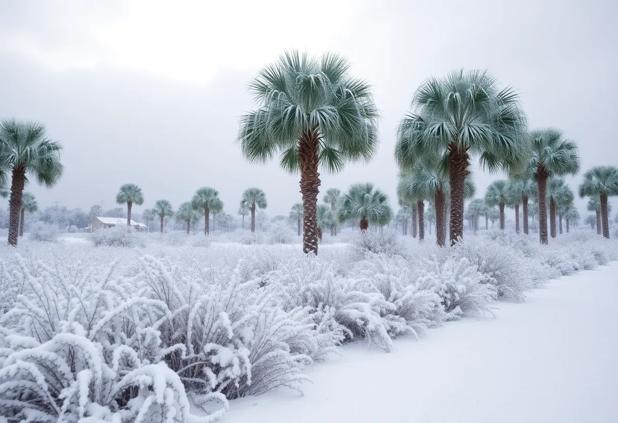 Jacksonville landscape covered in snow with palm trees