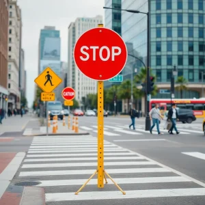 Scene of a city street with pedestrians and traffic, emphasizing road safety.