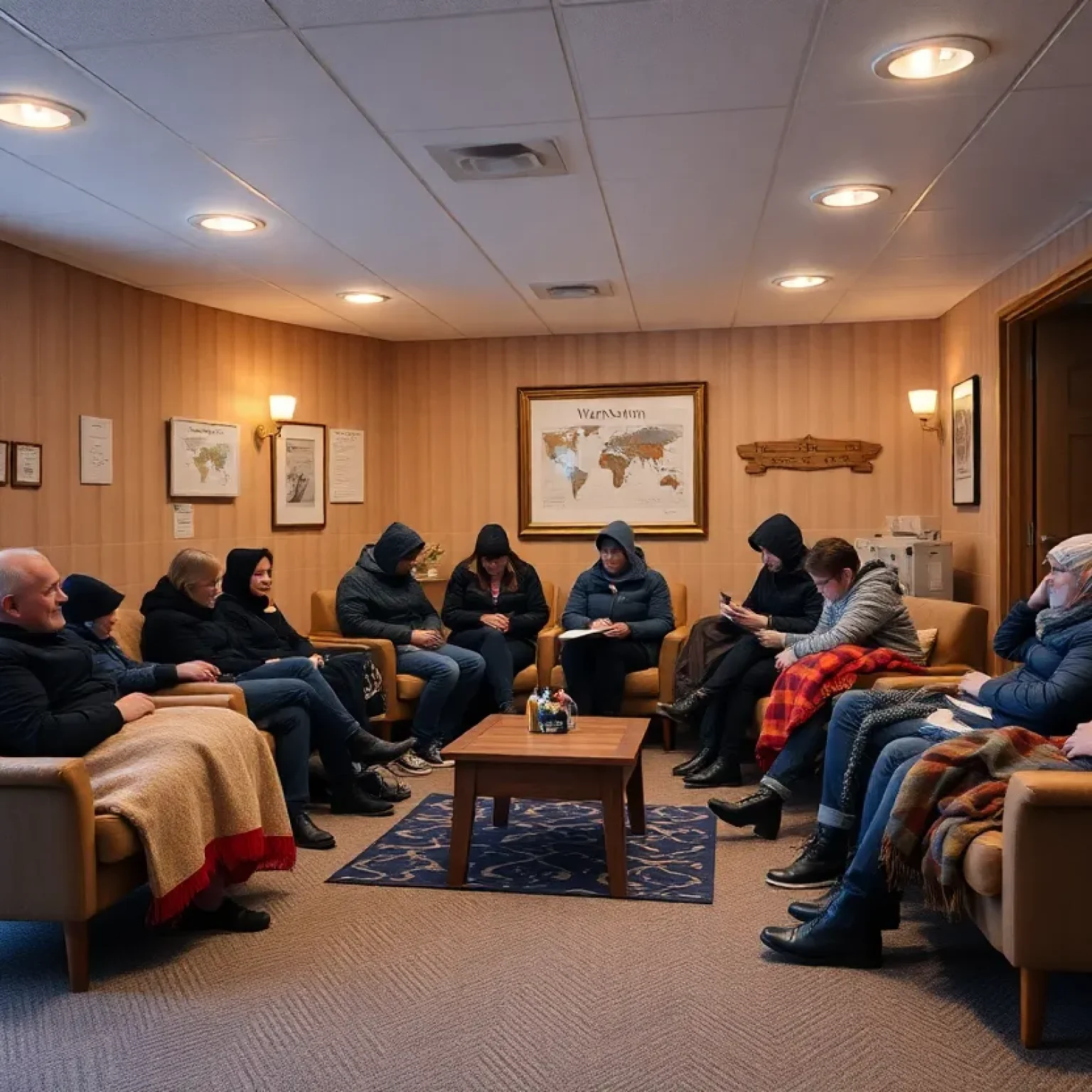 Interior of Jacksonville warming station with people seeking refuge from cold.