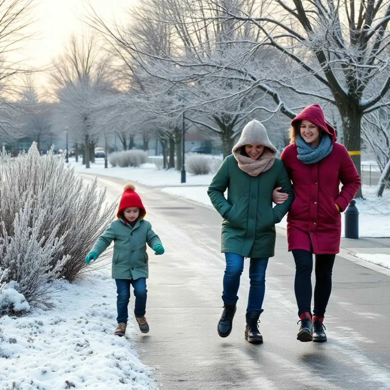 A family braving the cold winter weather in Jacksonville, with frost on the ground and trees.