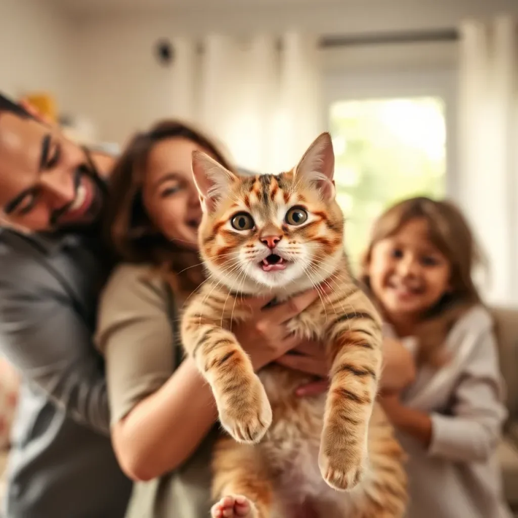 A family joyfully adopting a cat in their home.