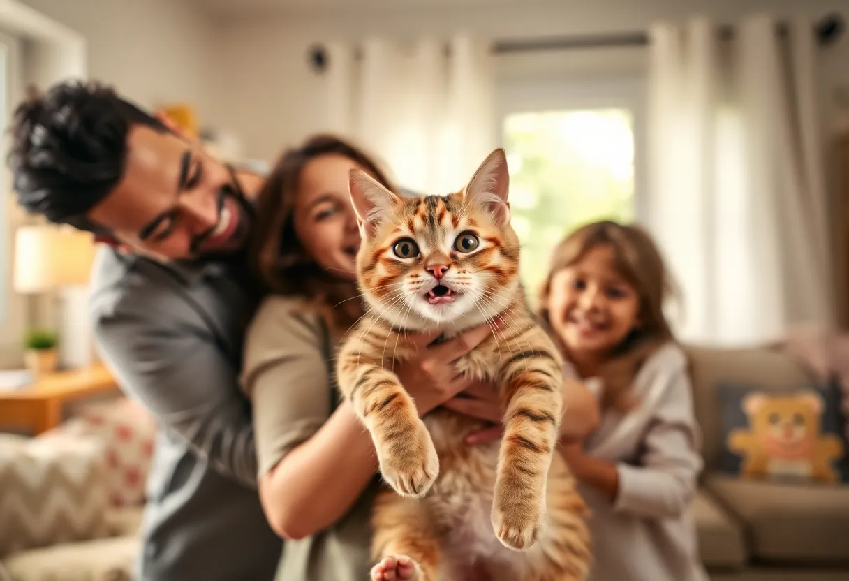 A family joyfully adopting a cat in their home.