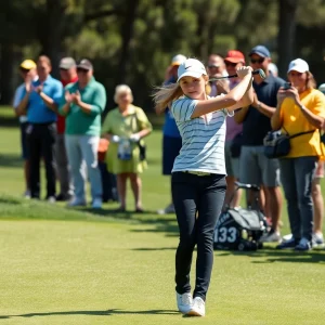 Young female golfer practicing on the green