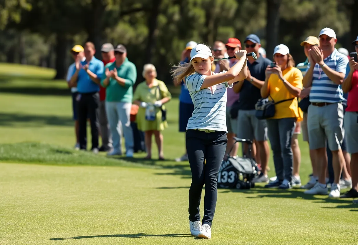 Young female golfer practicing on the green