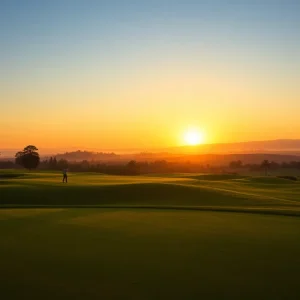 Wide view of golfers playing on the lush greens of Landmand Golf Club