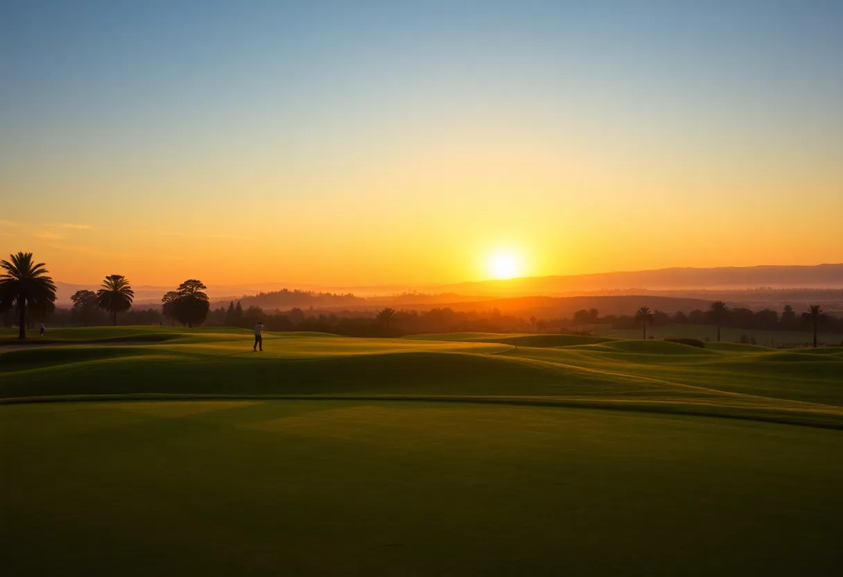 Wide view of golfers playing on the lush greens of Landmand Golf Club