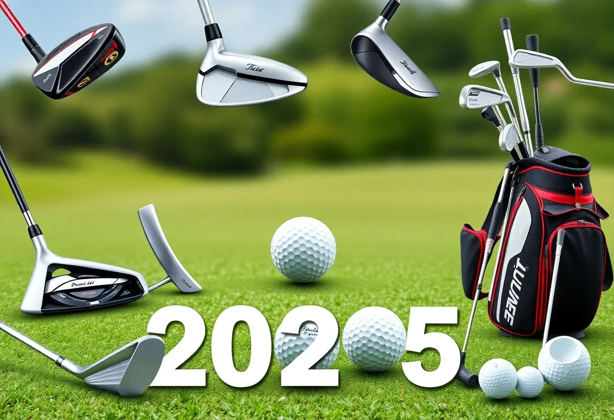 Display of the latest golf equipment including drivers and putters for 2025