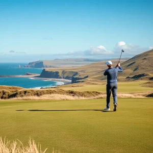 A panoramic view of a links golf course featuring dunes and coastal winds.