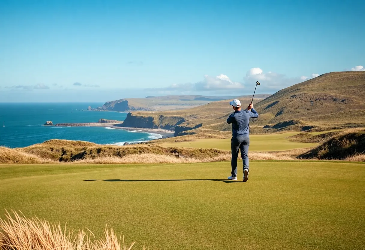 A panoramic view of a links golf course featuring dunes and coastal winds.